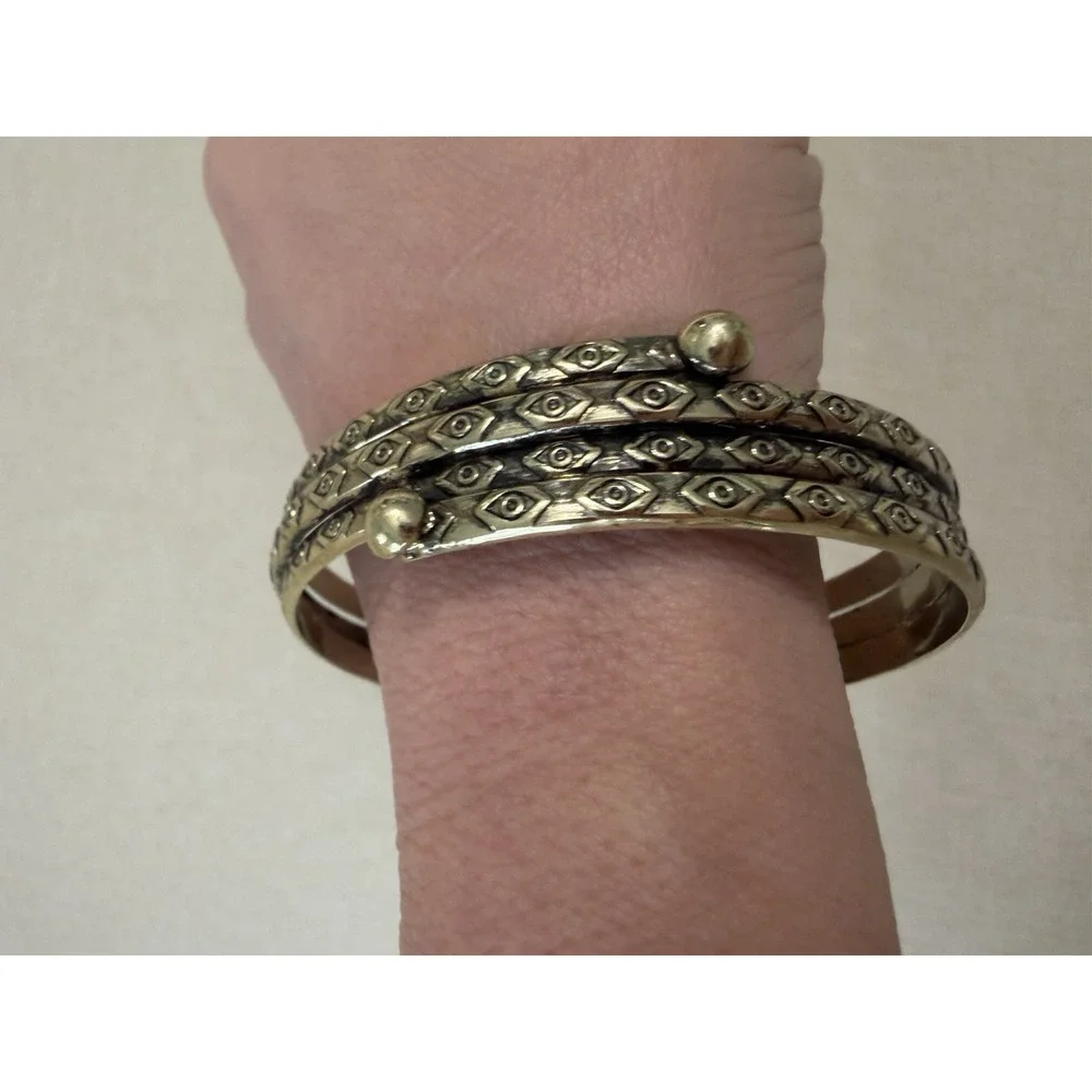 Vintage Brass Evil Eye Triple Band Cuff Bracelet Boho Tribal Adjustable Wide - Picture 9 of 10